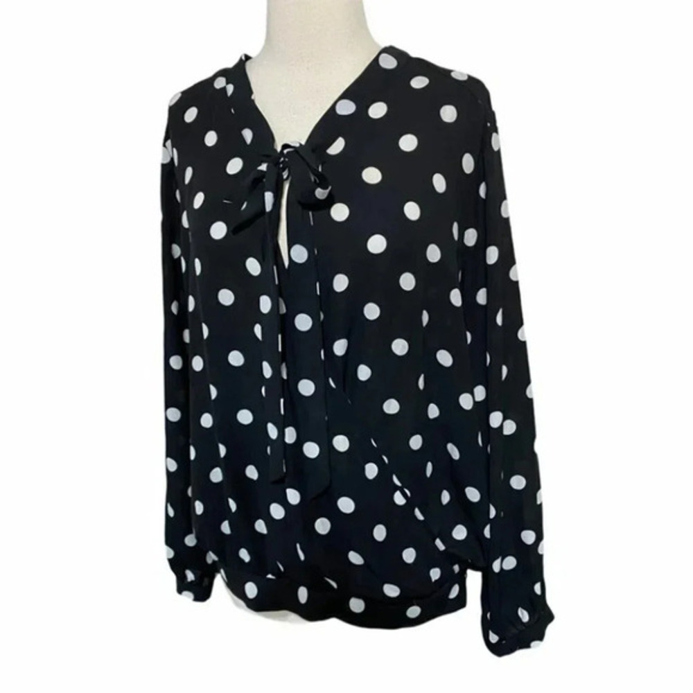 NY Collection Blouse XL Black Polka Dot Tie Neck Surplice Bubble Hem Long Sleeve